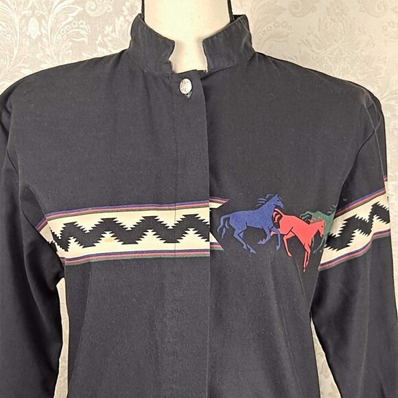 Roper Size Small Black Western Button Up Long Sleeve Shirt Horses Classic Vtg - Picture 2 of 15